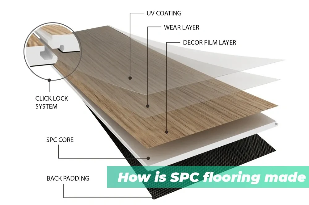 Infographic showing the layers of SPC flooring, including the UV coating, wear layer, decor film, SPC core, and back padding, with a click-lock system.