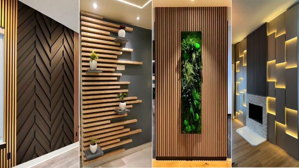 Various modern wall designs featuring wooden slats, including plant shelves, vertical lines, and decorative lighting.